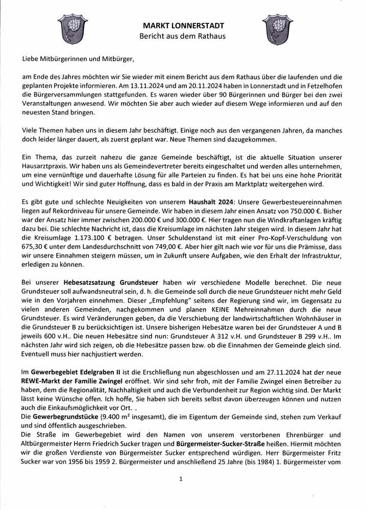 Freie Wähler Lonnerstadt, Bericht aus dem Rathaus 2024