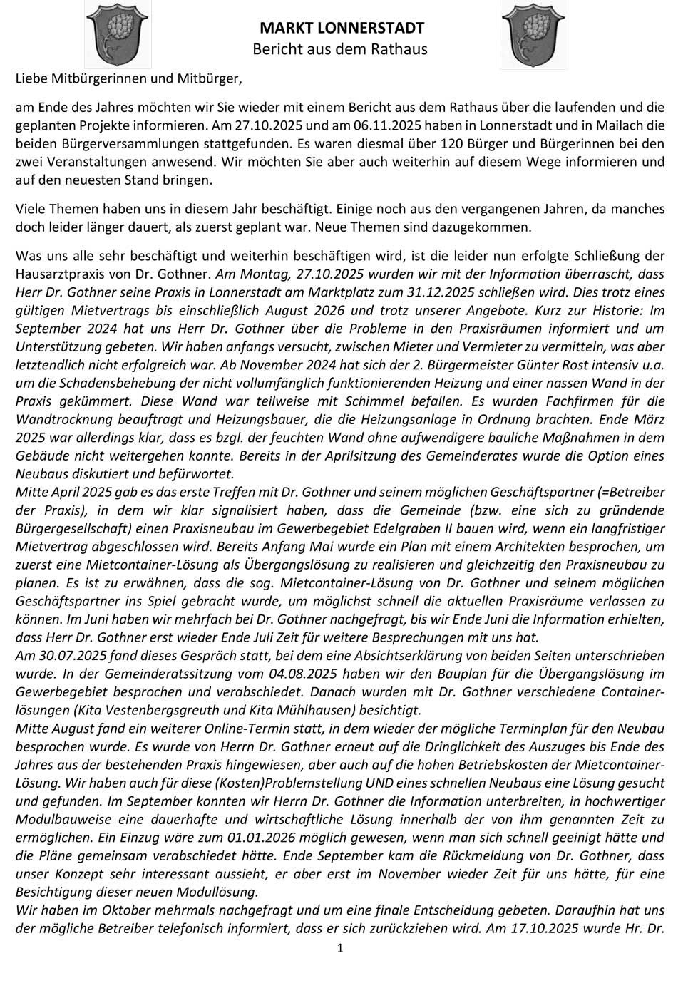 Bericht aus dem Rathaus Lonnerstadt 2025